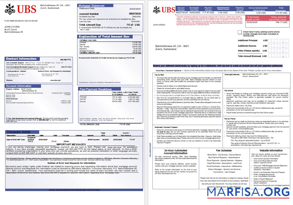 Downloadable Swiss UBS bank mortgage statement in Word and PDF formats, 3 pages 1 2 example